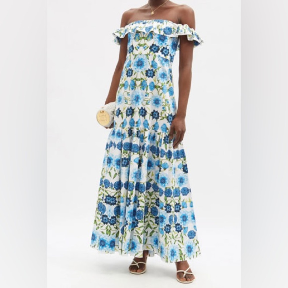 Borgo De Nor White Maxi Dress with Blue & Green Floral Print